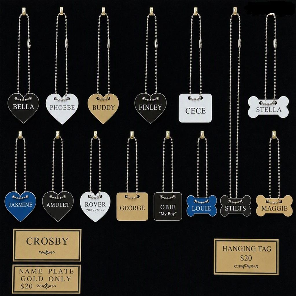 Various pet name tags in different shapes and colors.