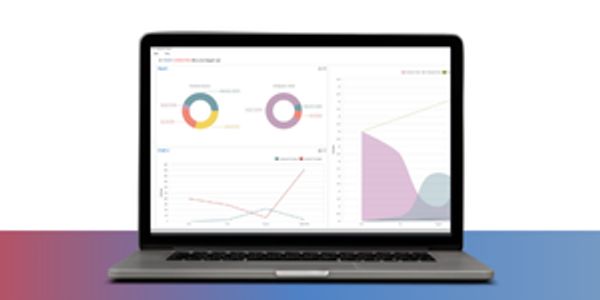 Laptop displaying colorful data charts and graphs on screen.