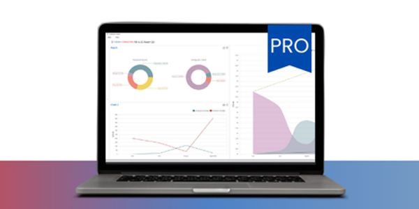 Laptop displaying colorful data charts with a blue 'PRO' tag on a white background.