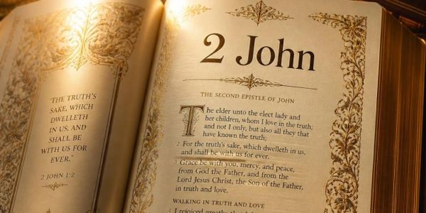 An open Bible displaying the book of 2 John with ornate gold designs.