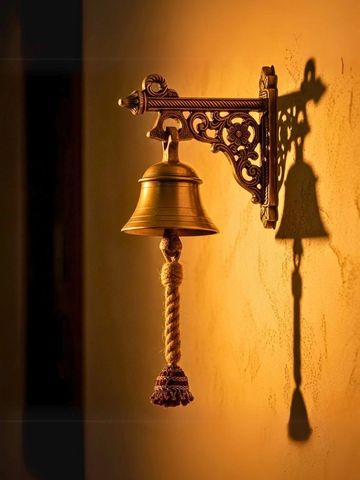 Decorative brass bell mounted on a wall with a rope pull, casting a shadow.