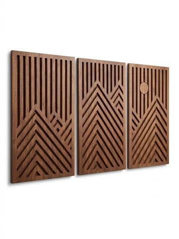 Handcrafted wooden wall panel with geometric pattern.