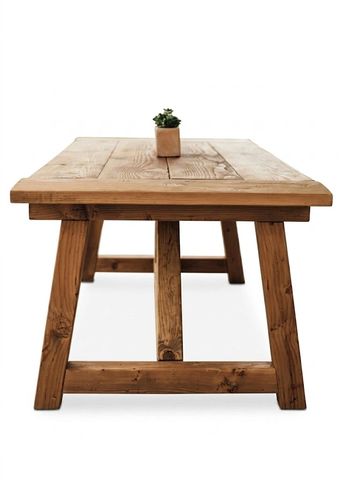 Wooden table with a small potted plant.