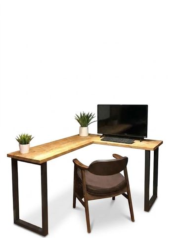 Modern wooden office desk with storage drawers.