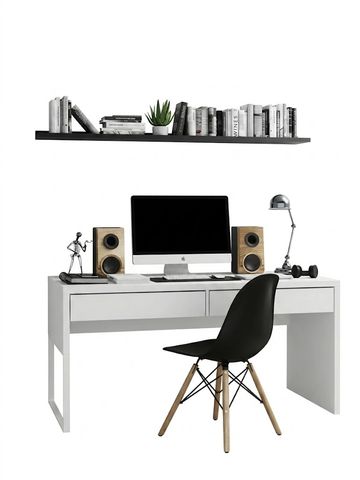 Modern wooden office desk with storage drawers.