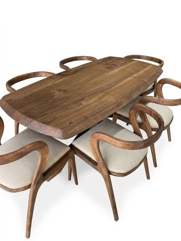Wooden dining table with six cushioned chairs.