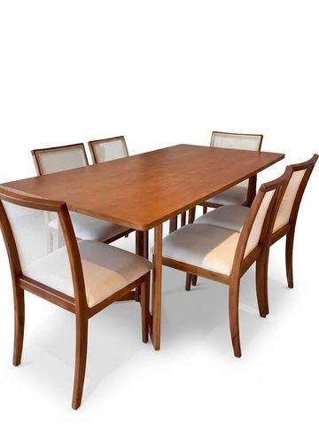 Wooden dining table with six chairs.