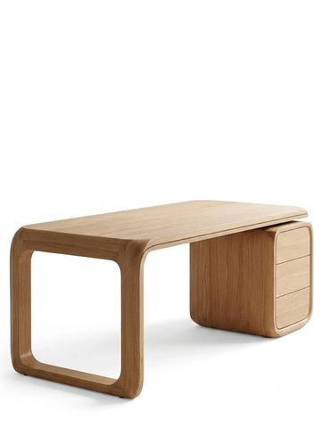 Modern wooden office desk with storage drawers.