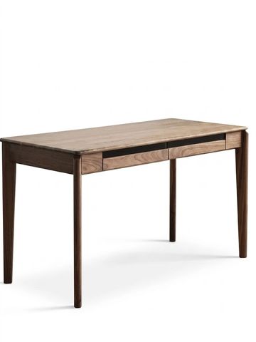 Modern wooden office desk with storage drawers.
