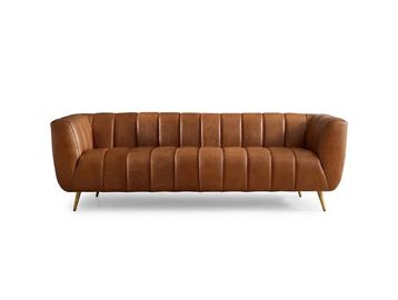 Brown leather sofa with vertical stitching and gold legs.