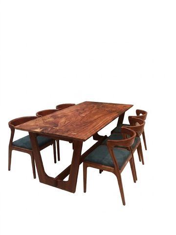 Wooden dining table set with six chairs.