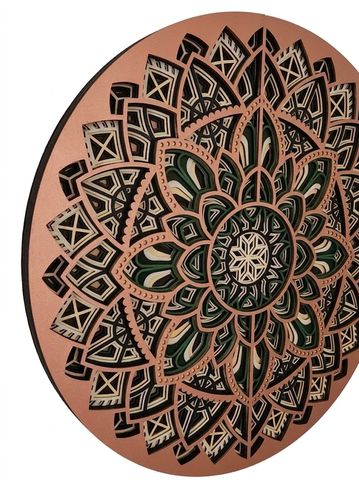 Handcrafted wooden wall panel with geometric pattern.