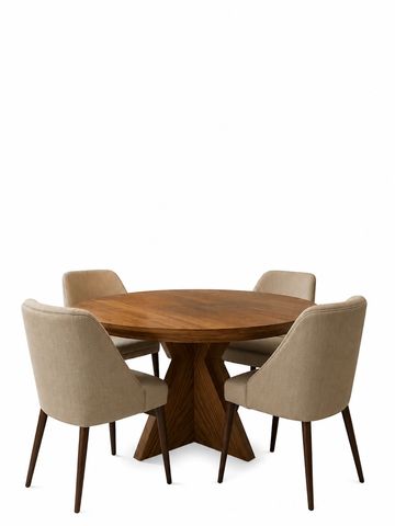Round wooden dining table with four beige upholstered chairs.