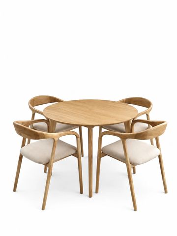 Round wooden table with four cushioned chairs.