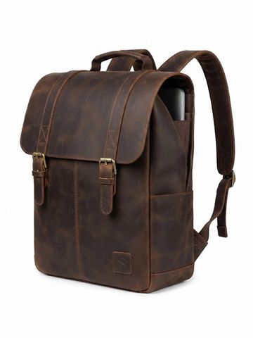 Premium distressed leather laptop backpack with reinforced stitching and metallic buckles