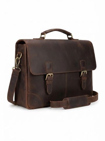 Premium executive leather laptop briefcase with antique brass hardware