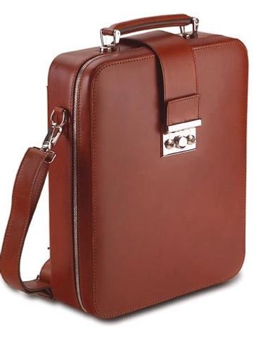 Minimalist vertical leather laptop briefcase with polished finish and metal locking mechanism
