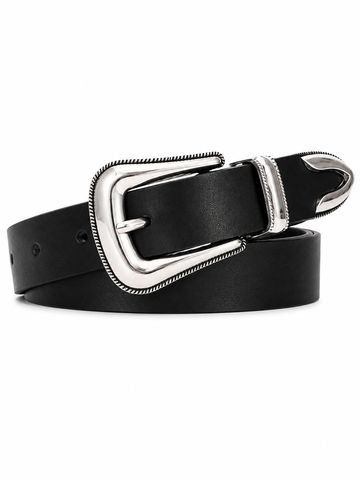 Stylish western-inspired black genuine leather belt with silver buckle