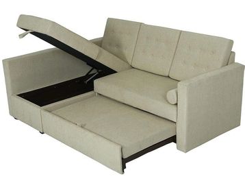 Beige convertible sofa with storage compartment.