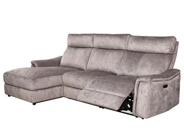 Gray sectional sofa with recliner and chaise lounge on white background.