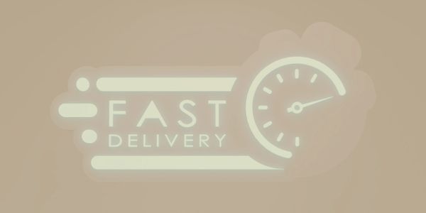 Iconic fast delivery graphic with speedometer and text.