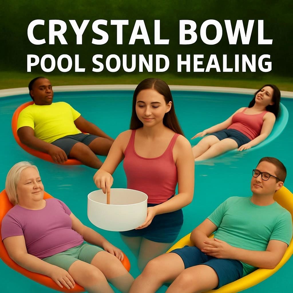 People engaged in crystal bowl pool sound healing therapy.