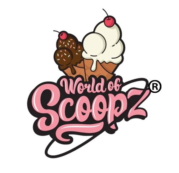Logo with chocolate and vanilla ice cream cones topped with cherries and stylish "World of Scoopz" text.