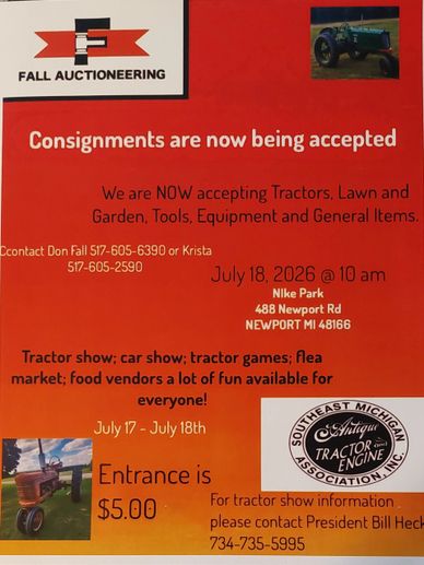 Fall Auctioneering accepting consignments for tractor and car show in Newport, MI.