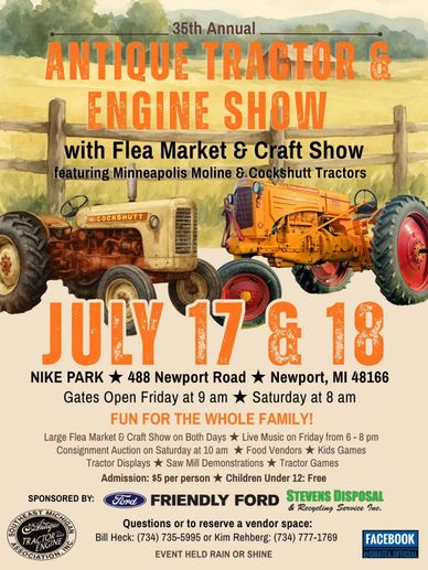 Poster for 35th Annual Antique Tractor &amp; Engine Show with flea market, craft show, and tractor games.