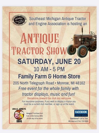 Flyer for an Antique Tractor Show in Monroe, MI on June 20 from 10 AM to 5 PM.