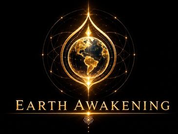 Glowing Earth surrounded by geometric patterns with text 'Earth Awakening'.