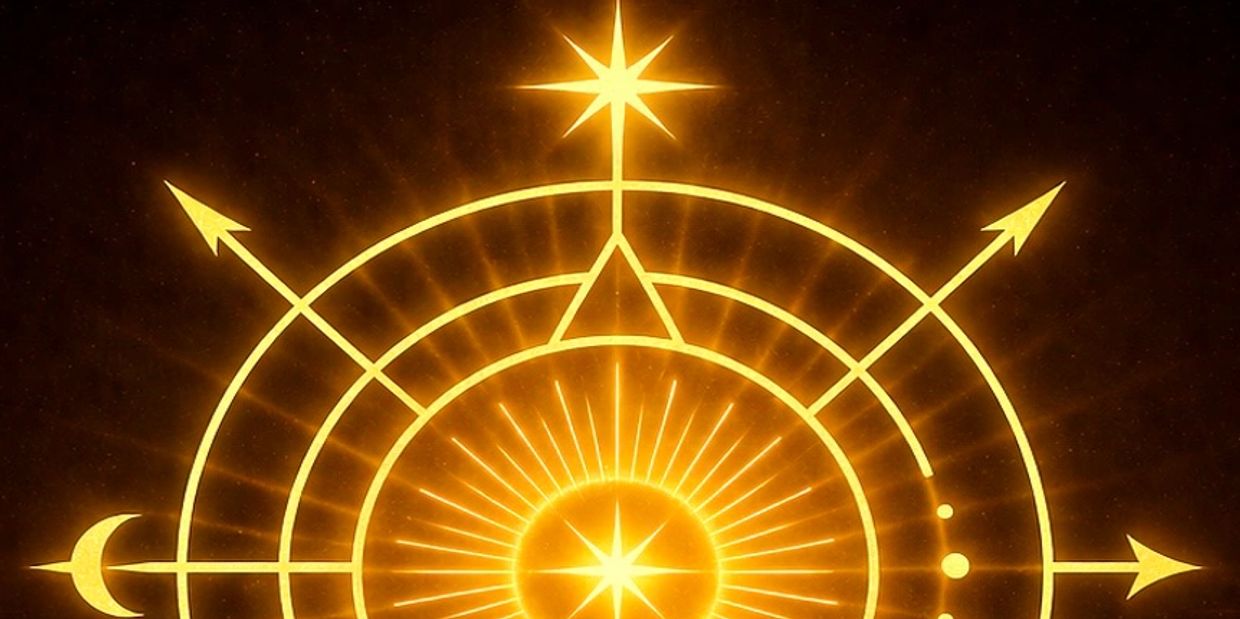 A glowing golden mystical symbol with stars, arrows, and geometric shapes on a dark background.