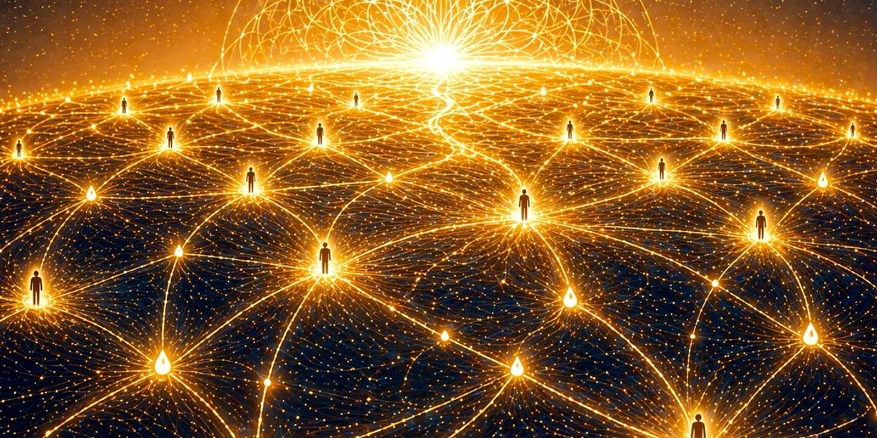 Glowing network of connected human figures symbolizing digital or social connectivity.