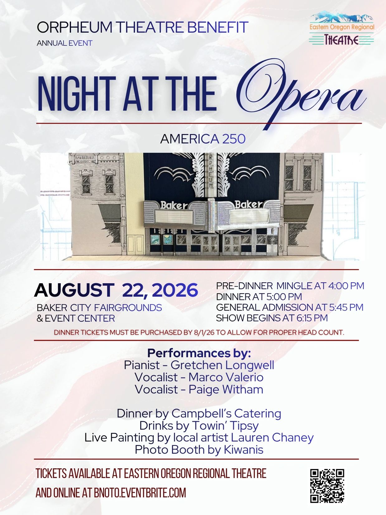 Flyer for Night at the Opera benefit event on August 22, 2026, in Baker City.