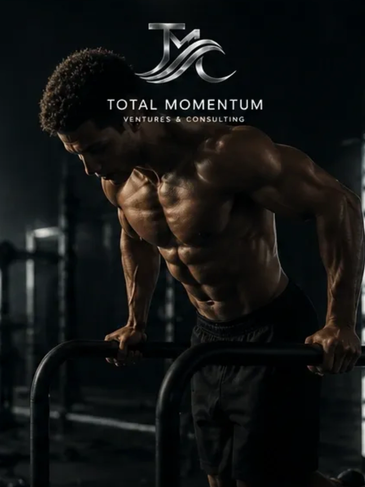 Muscular man doing dips in a dark gym with Total Momentum logo.