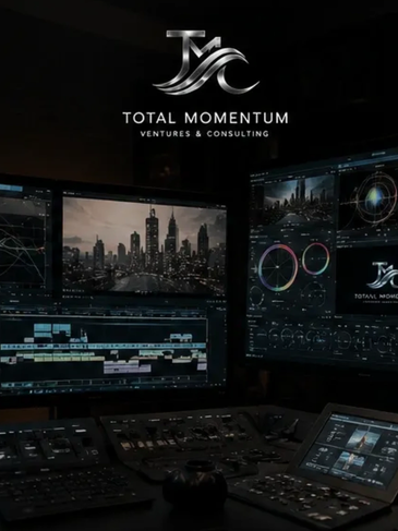 Dark control room with multiple screens and Total Momentum logo.