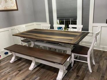 Trestle table and triple trestle leg bench with our matching farmhouse style chairs.  