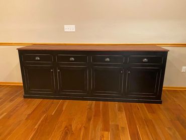 Large sideboard / buffet. Distressed black paint with solid black walnut top.
