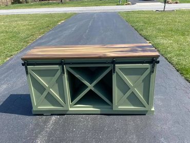 Barn door farmhouse style buffet with center wine storage 