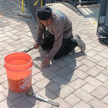 Worker installing outdoor pavers.