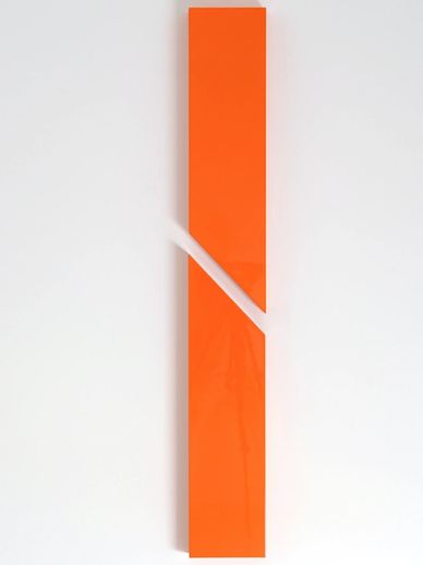 Bright orange rectangular object with a diagonal white stripe on a white background.