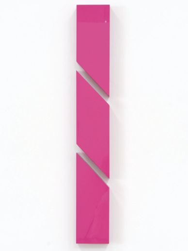 Three pink geometric shapes aligned vertically with diagonal cuts.