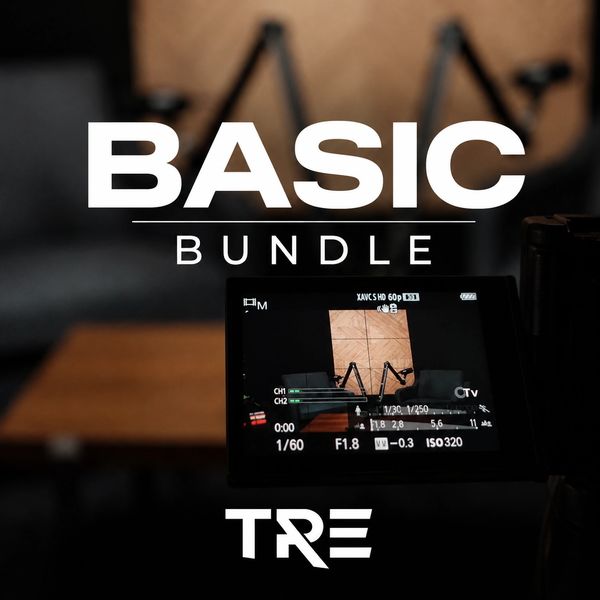 Camera screen showing a recording setup with text overlay 'Basic Bundle'.