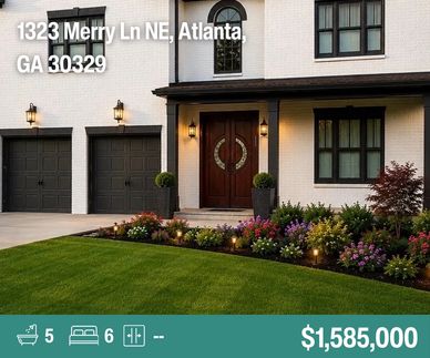 Elegant two-story home with lush landscaping and flower beds.