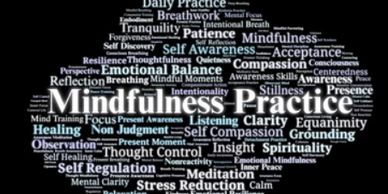 Word cloud highlighting concepts related to mindfulness practice and mental well-being.