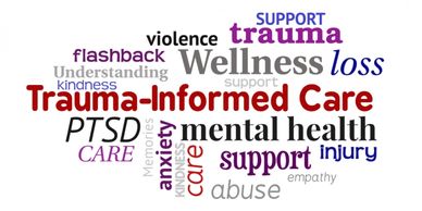 Word cloud highlighting trauma-informed care and mental health terms.