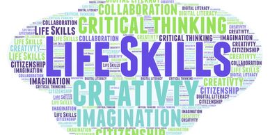 Word cloud highlighting life skills like creativity and critical thinking.