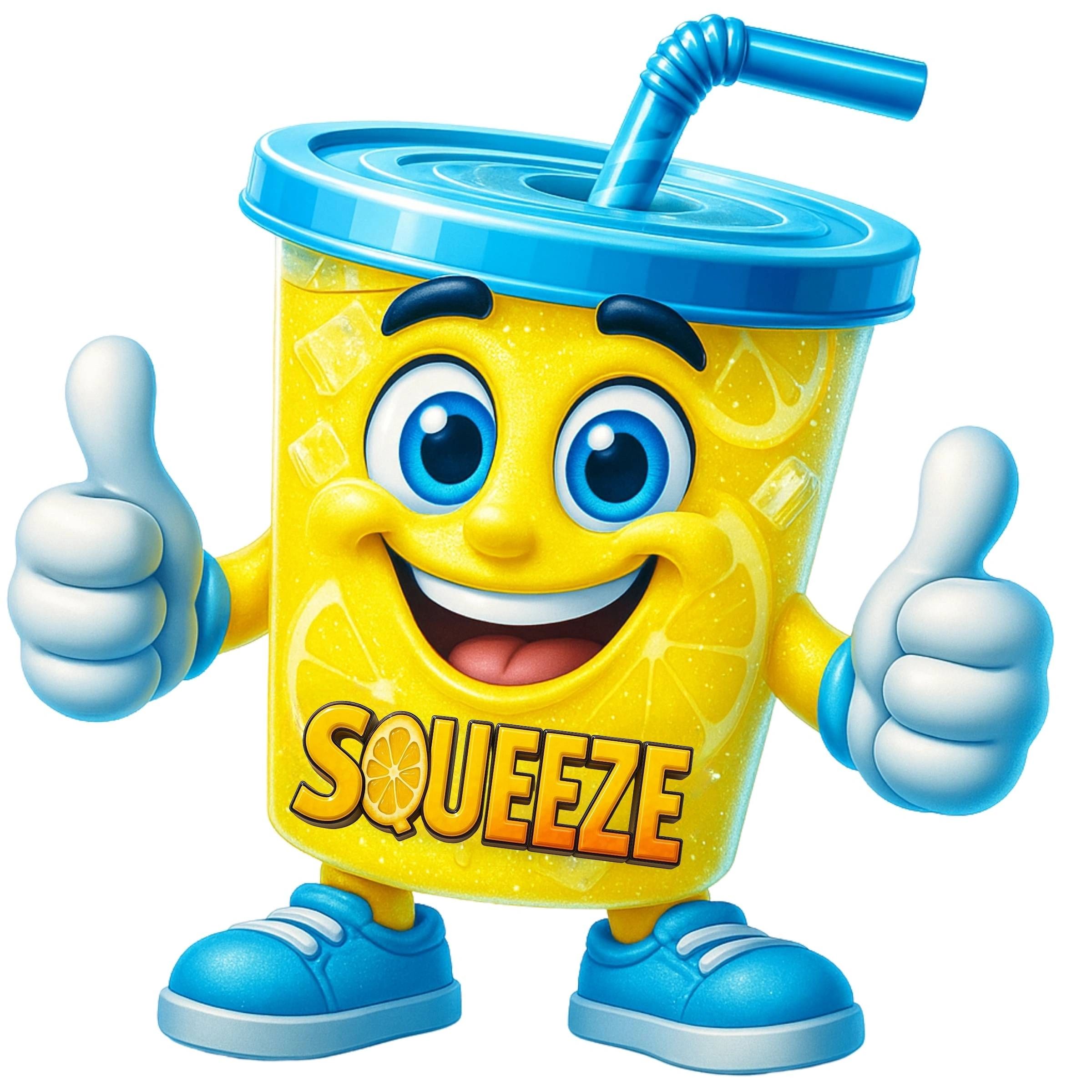 Animated lemonade cup mascot giving two thumbs up with a big smile.