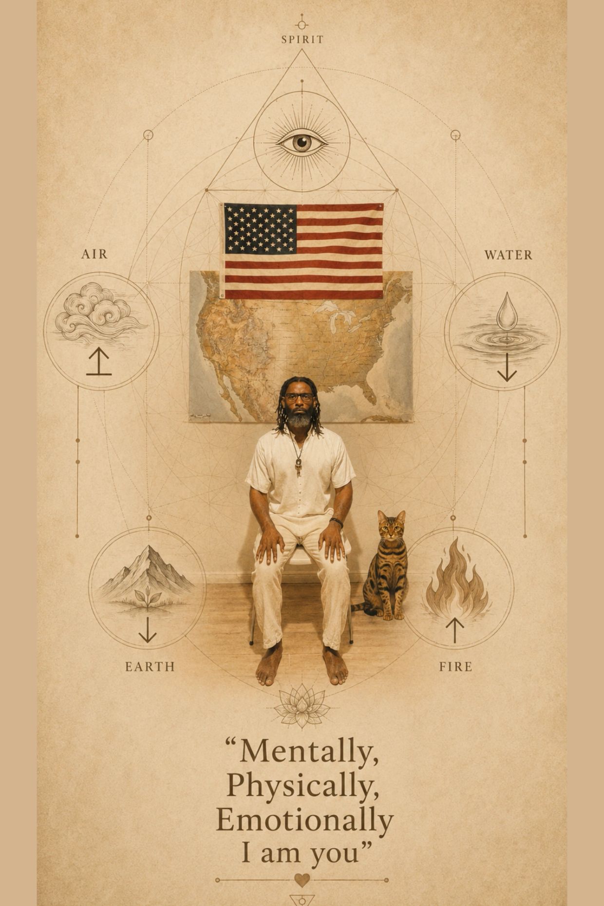 Man and cat with US map and elemental symbols in the background.