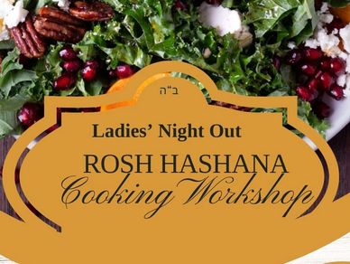 Ladie's Nihgt Out. Rosh Hashanah Cooking workshop. Picture of salad and cookbookbook author.
